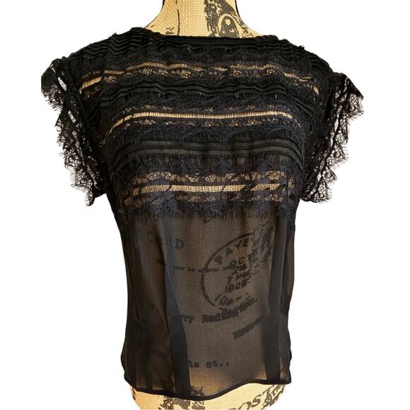 7 For All Mankind Tops - 7 For All Mankind Black Intricate Lace Capped Sleeve  Sheer Top, NWOT, Sz XS